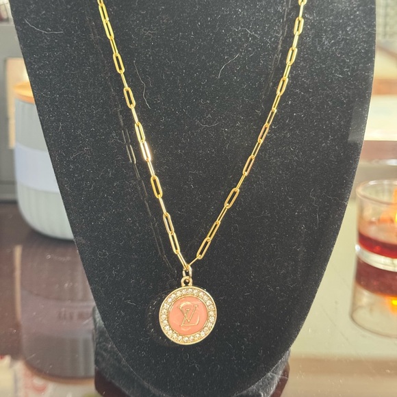 Louis Vuitton Pink/Rhinestone Pendant 18” Stainless Steel Gold Plated Necklace - Picture 4 of 9